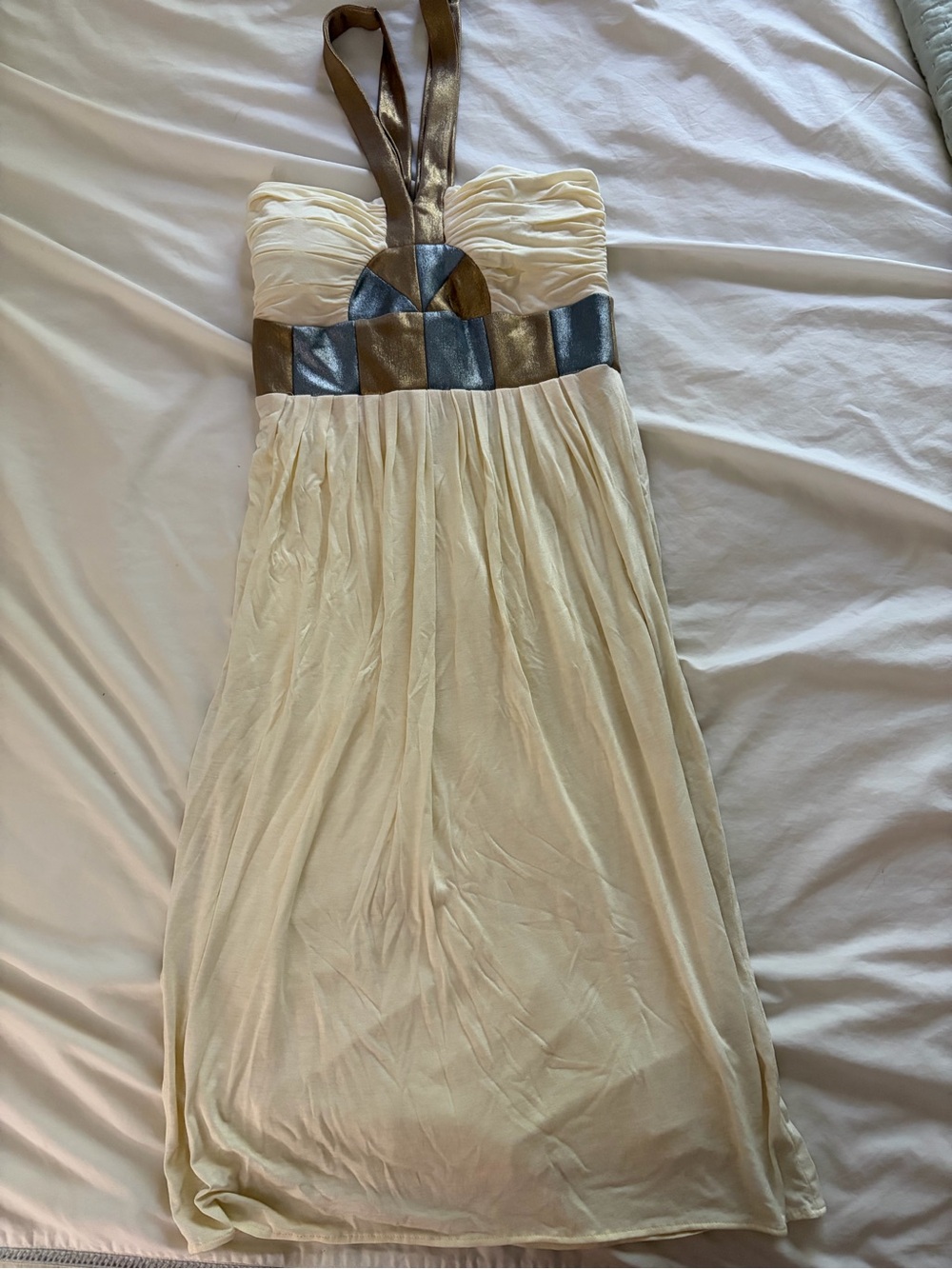 Rubber Ducky Cream Gold Silver Metallic Maxi Dress Size Small